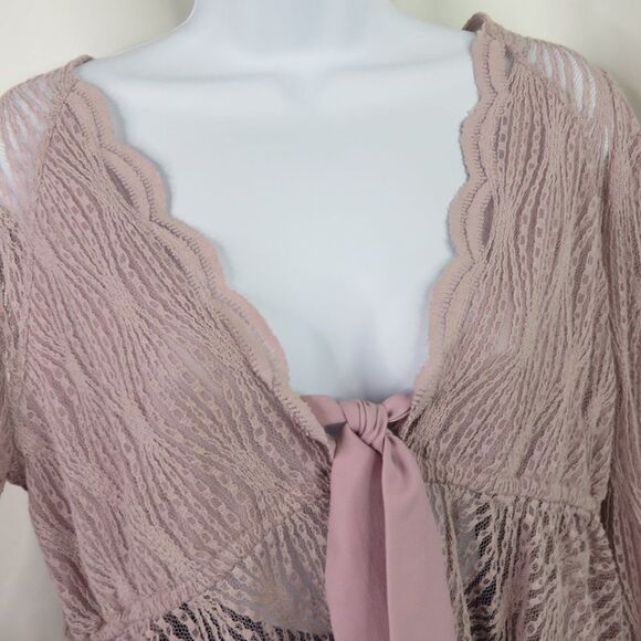 Free People Pink Lace Top Size Medium Peasant Crop Ribbon Tie Sheer Empire LS - Picture 2 of 13
